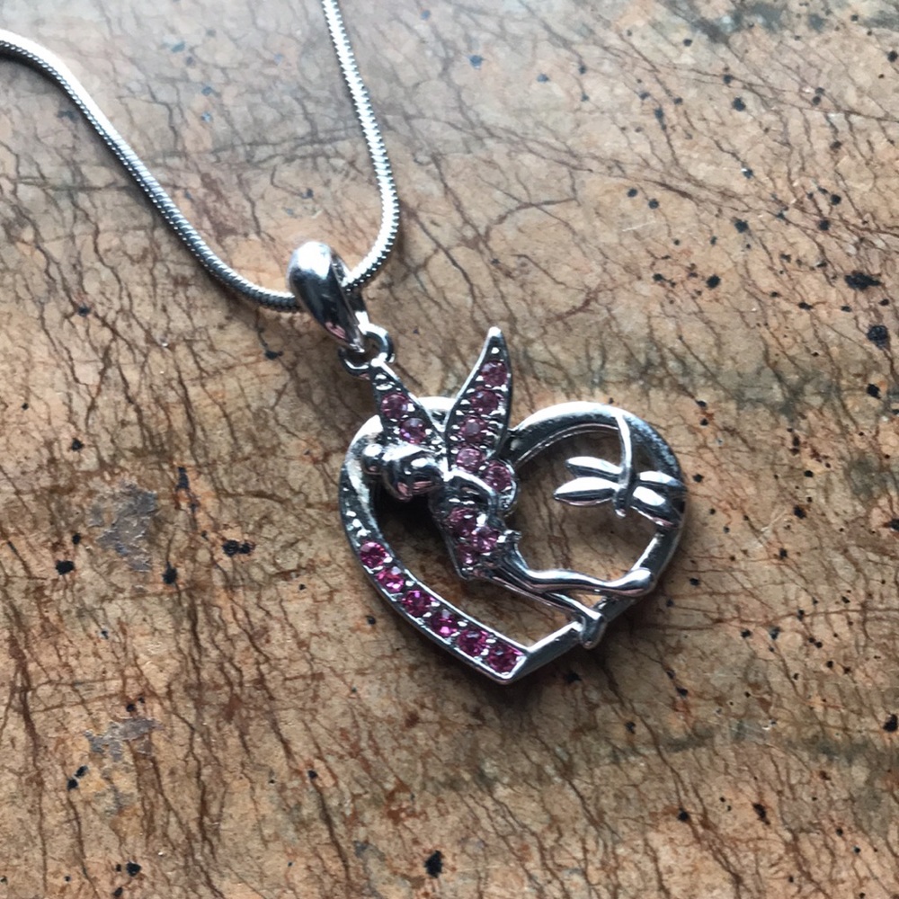 Tinkerbell Heart Dragonfly Necklace Silvertone